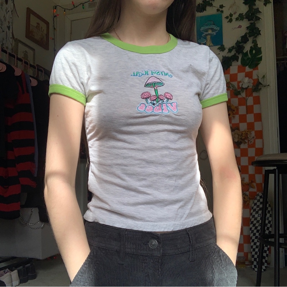 Earthy mushroom embroidery baby tee